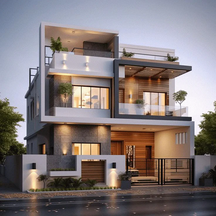 Modern three-story house featuring sleek design, large windows, balcony, and lush greenery, illuminated in the evening light.